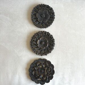 3x Handmade Teak Wood Wooden Flower Carving Circle Square Art Decor